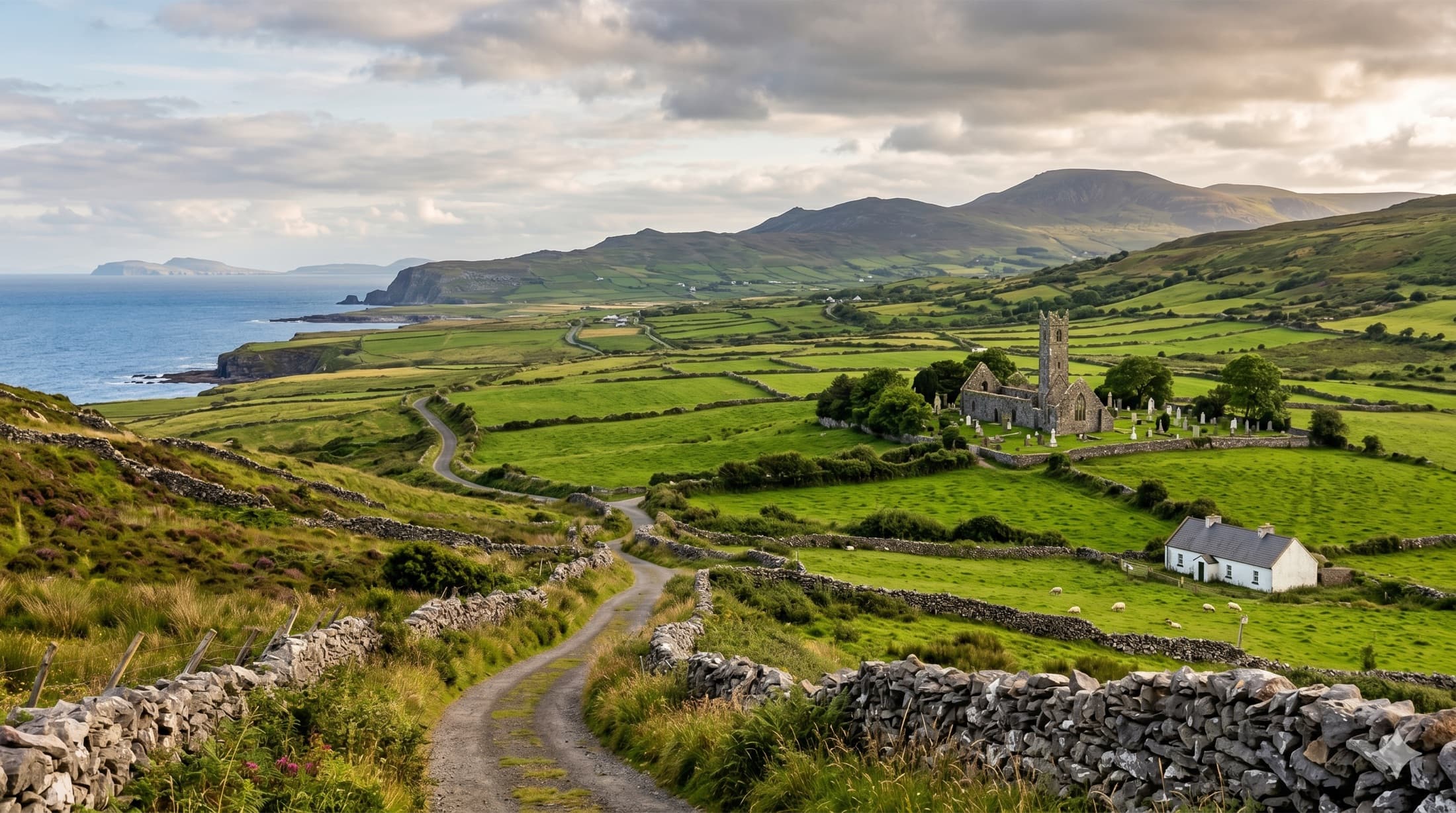 The Irish coast and countryside at golden hour, with an old church and stone walls