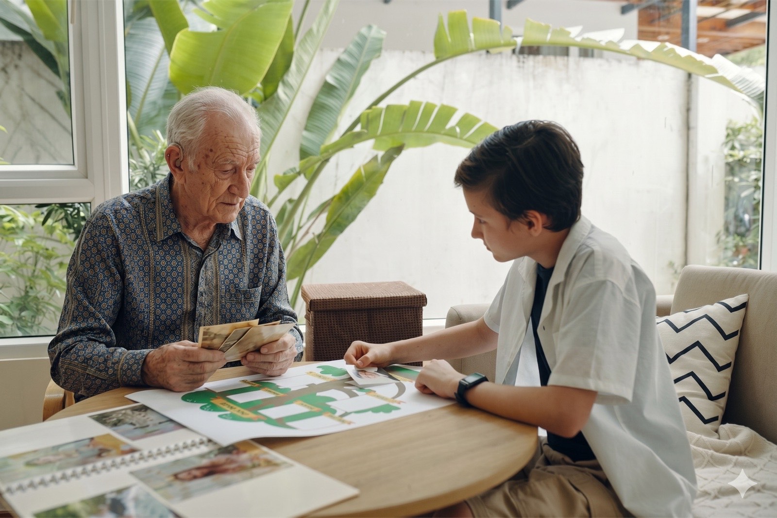 An older man and a young relative at a table, tracing their family tree across a printed chart and photo album