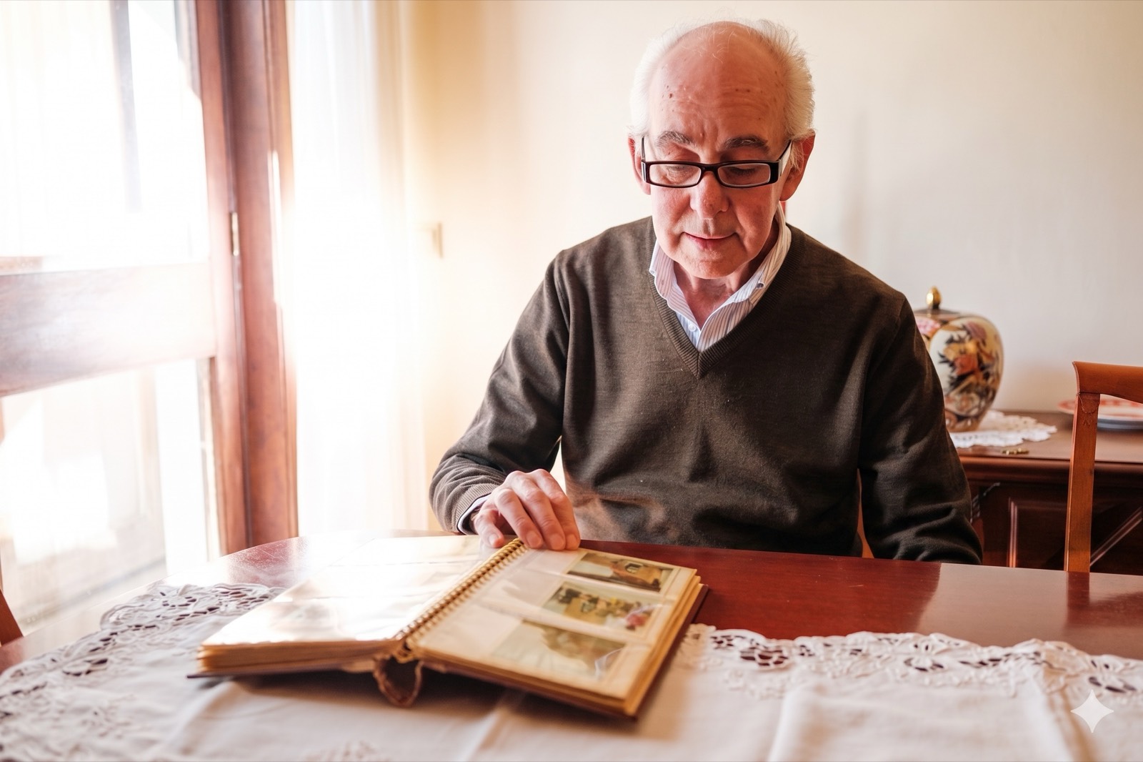 An older man at his dining table, turning the pages of a family photo album