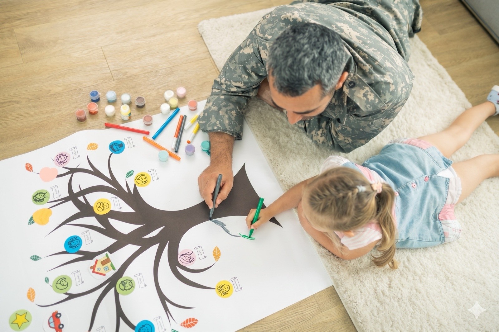 A parent and young child lying on the floor, drawing and colouring in their family tree together